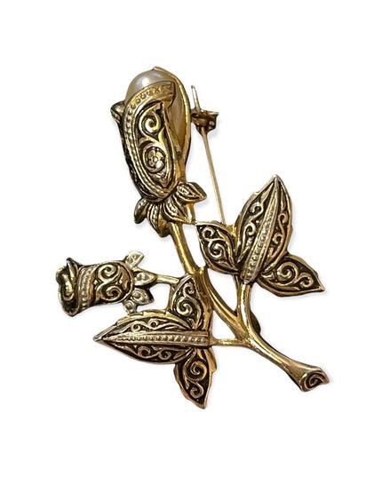 Vintage Damascene gold plate faux pearl flower brooch