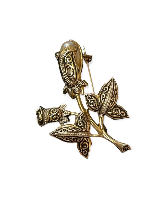 Vintage Damascene gold plate faux pearl flower brooch