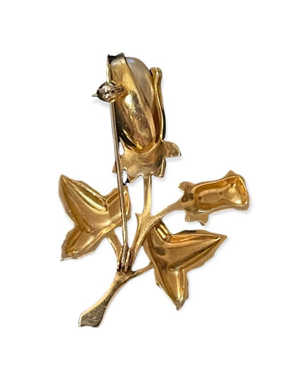 Vintage Damascene gold plate faux pearl flower brooch