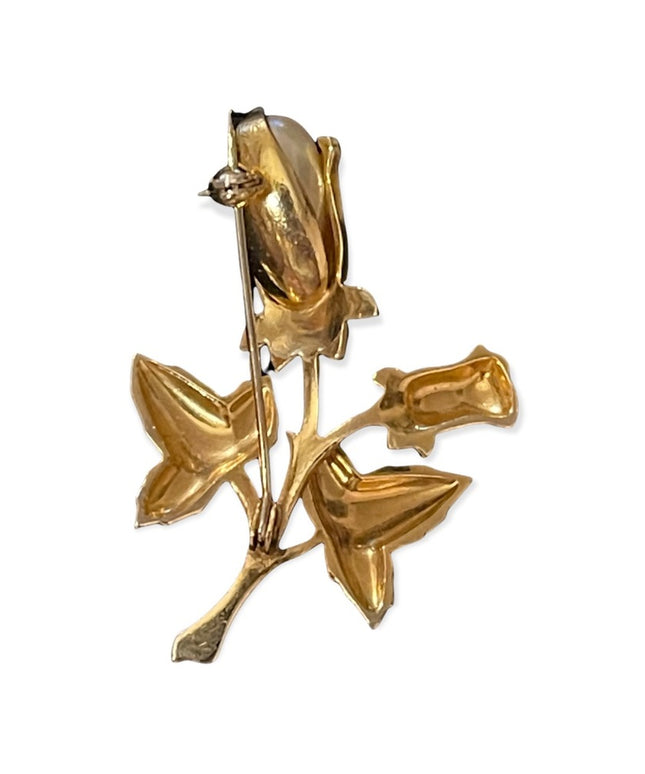Vintage Damascene gold plate faux pearl flower brooch