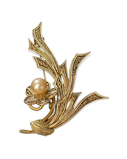 Vintage gold plate Damascene spain faux pearl flower brooch