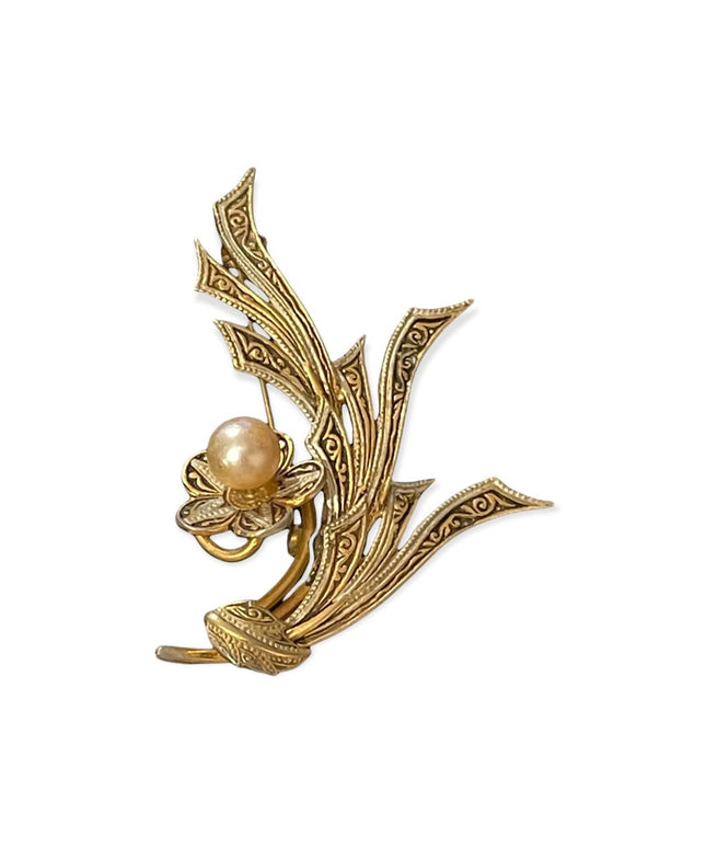 Vintage gold plate Damascene spain faux pearl flower brooch