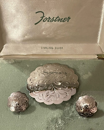 Vintage Forstner Sterling silver fancy etched brooch & earrings in orig box!