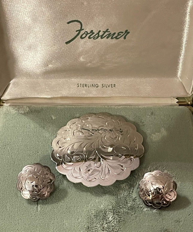 Vintage Forstner Sterling silver fancy etched brooch & earrings in orig box!