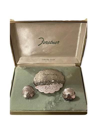 Vintage Forstner Sterling silver fancy etched brooch & earrings in orig box!