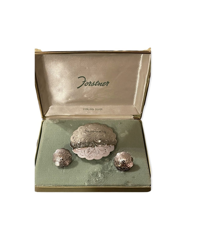Vintage Forstner Sterling silver fancy etched brooch & earrings in orig box!
