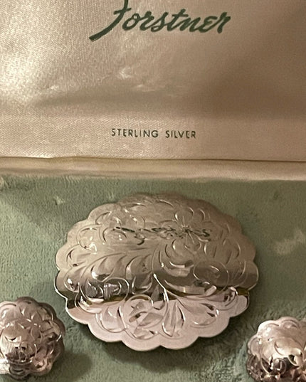 Vintage Forstner Sterling silver fancy etched brooch & earrings in orig box!