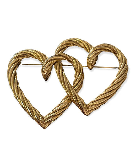 Vintage gold tone metal double heart rope large brooch