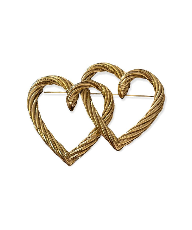 Vintage gold tone metal double heart rope large brooch