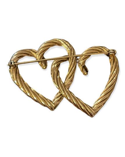 Vintage gold tone metal double heart rope large brooch
