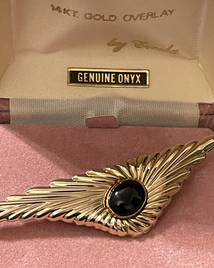 Vintage 1980s Carla 14k gold overlay onyx brooch in orig box!