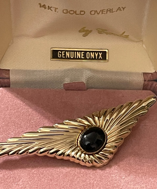 Vintage 1980s Carla 14k gold overlay onyx brooch in orig box!