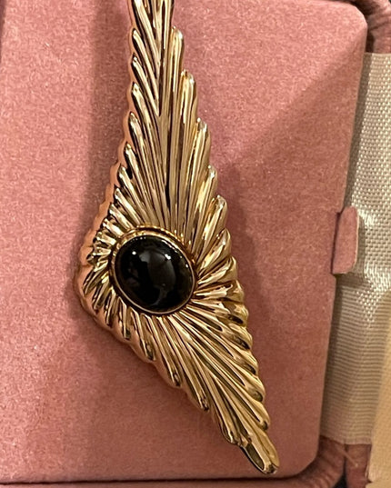 Vintage 1980s Carla 14k gold overlay onyx brooch in orig box!