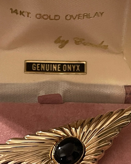 Vintage 1980s Carla 14k gold overlay onyx brooch in orig box!