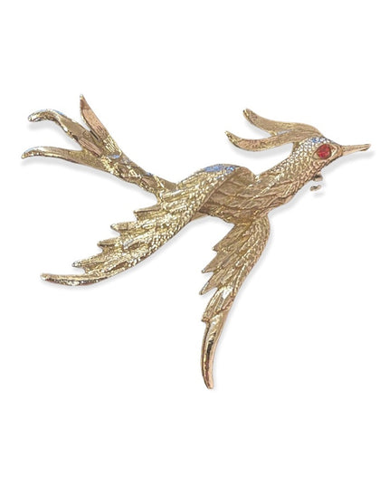 Vintage brushed silver metal rhinestone eye pheasant bird brooch