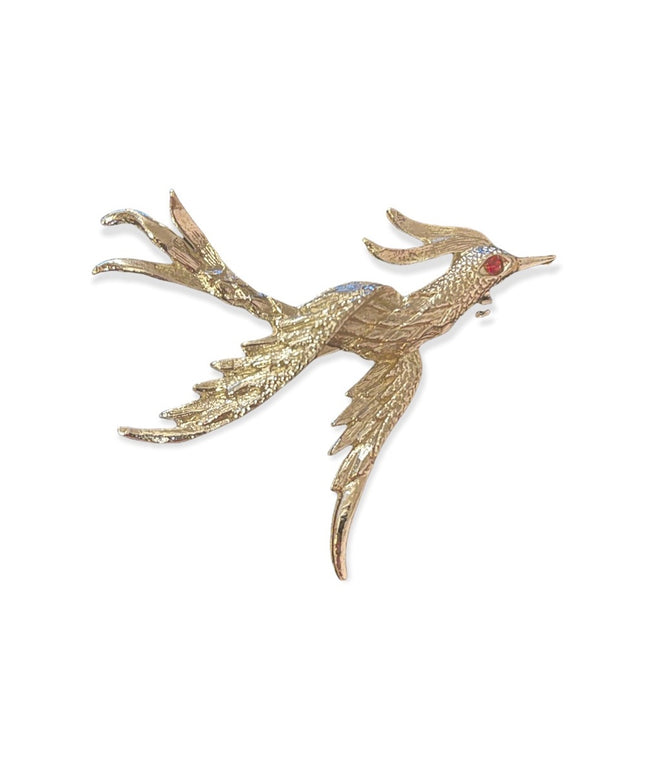 Vintage brushed silver metal rhinestone eye pheasant bird brooch