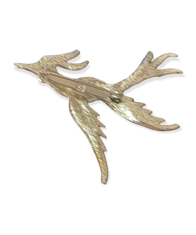 Vintage brushed silver metal rhinestone eye pheasant bird brooch