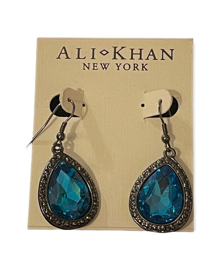 Ali Khan New York deep blue crystal tear drop dangle earrings