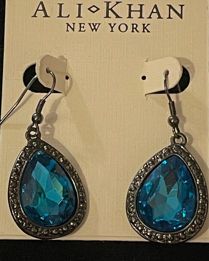Ali Khan New York deep blue crystal tear drop dangle earrings