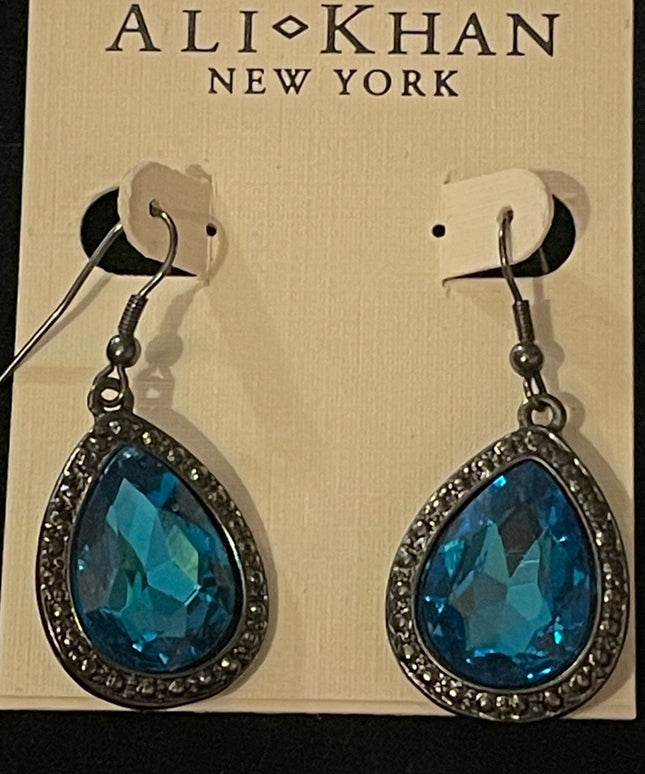Ali Khan New York deep blue crystal tear drop dangle earrings