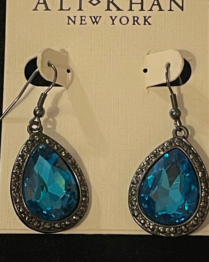 Ali Khan New York deep blue crystal tear drop dangle earrings