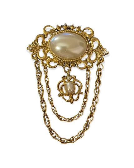 Beautiful faux pearl gold regal dangle brooch antique style