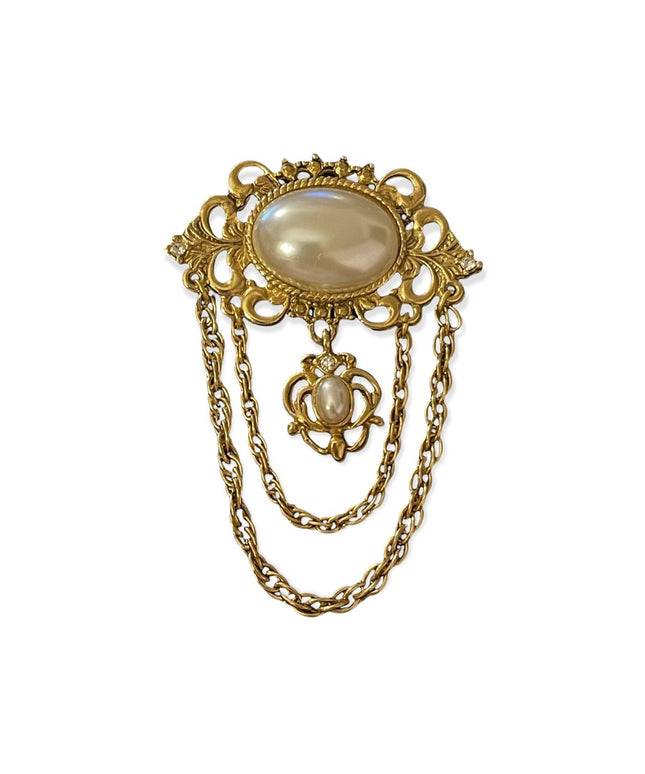 Beautiful faux pearl gold regal dangle brooch antique style