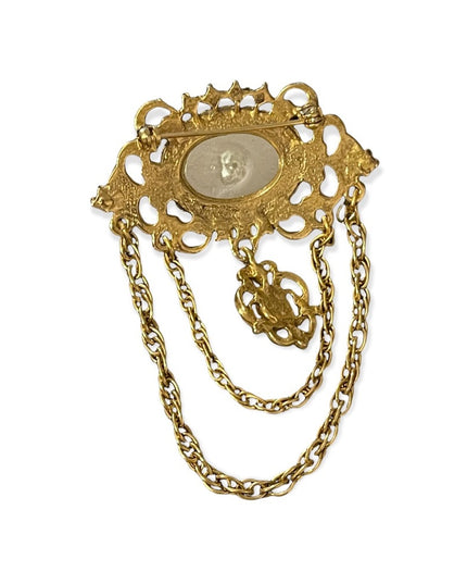 Beautiful faux pearl gold regal dangle brooch antique style