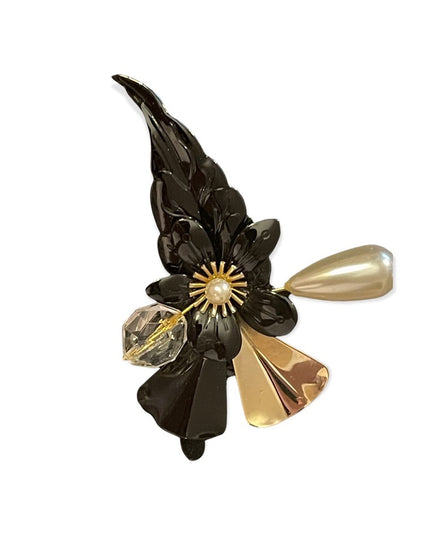 Vintage Faux pearl metal flower abstract gold blk accent brooch bar style