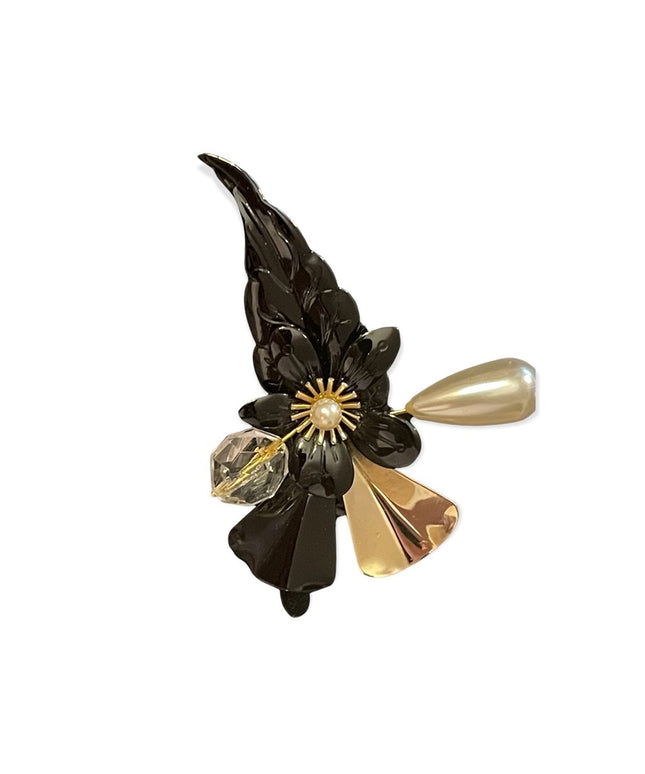 Vintage Faux pearl metal flower abstract gold blk accent brooch bar style