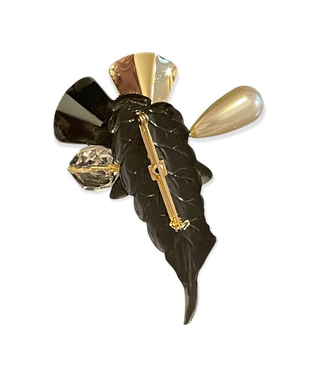 Vintage Faux pearl metal flower abstract gold blk accent brooch bar style
