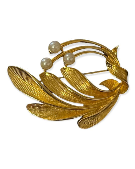 Vintage brushed gold faux pearl flower leaf fancy brooch