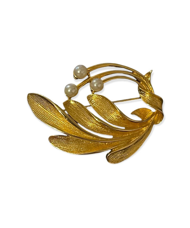 Vintage brushed gold faux pearl flower leaf fancy brooch