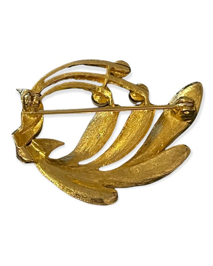Vintage brushed gold faux pearl flower leaf fancy brooch
