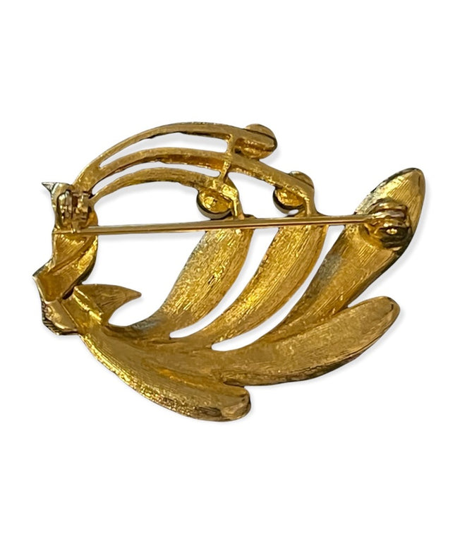 Vintage brushed gold faux pearl flower leaf fancy brooch