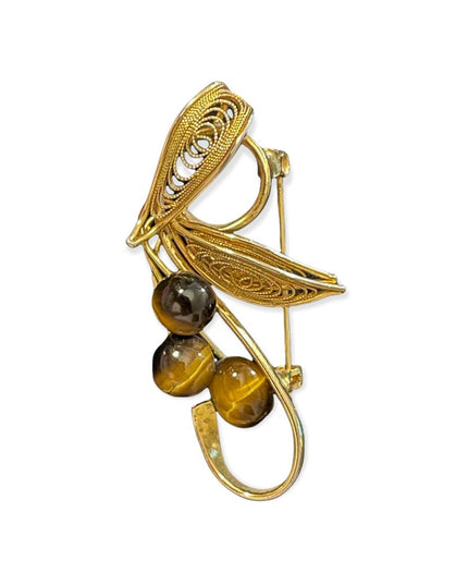 Vintage Gold plated filagree tiger eye fancy ornate brooch