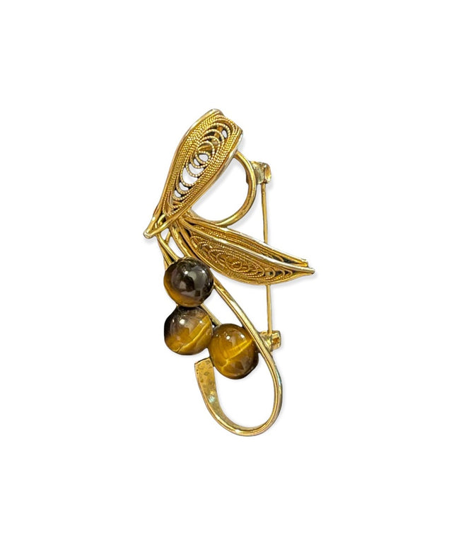Vintage Gold plated filagree tiger eye fancy ornate brooch