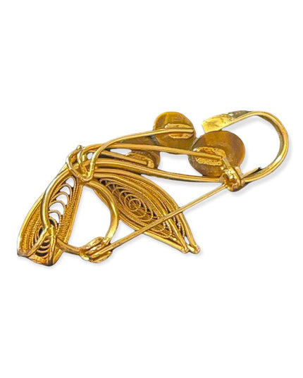 Vintage Gold plated filagree tiger eye fancy ornate brooch
