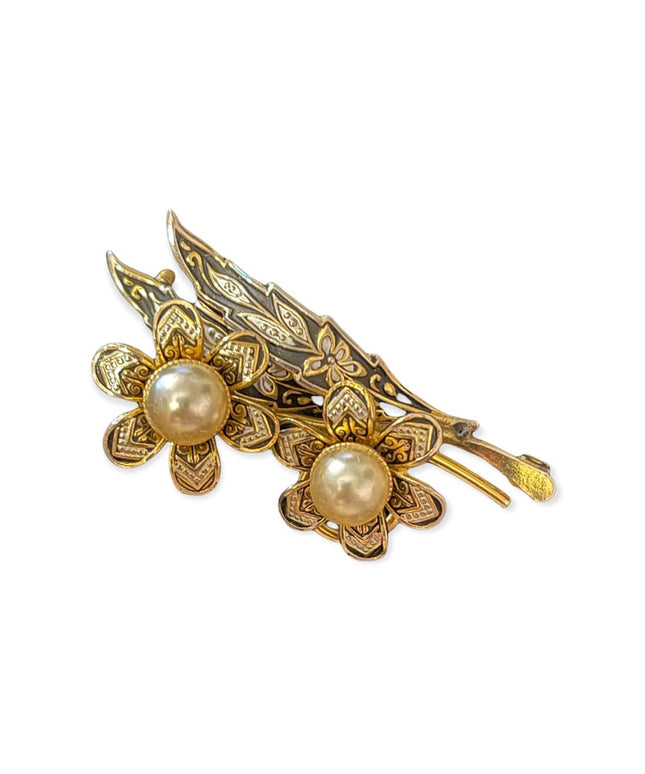 Vintage Gold plated Damascene spain flower bar brooch