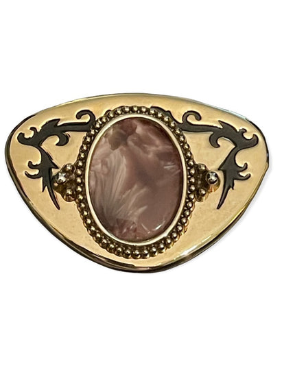 Vintage gold tone metal with ornate purple lucite Western belt buckle