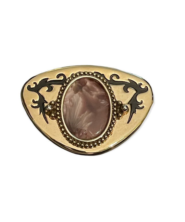 Vintage gold tone metal with ornate purple lucite Western belt buckle