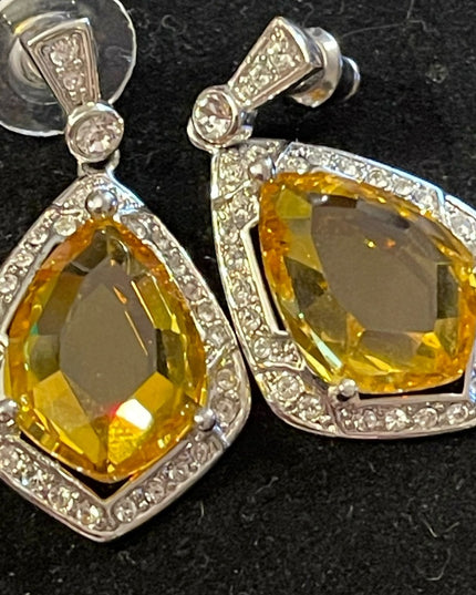 Vintage 1980s Butler Citrine crystal silver teardrop dangle pierced earrings FAC