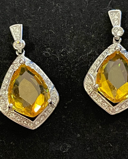 Vintage 1980s Butler Citrine crystal silver teardrop dangle pierced earrings FAC