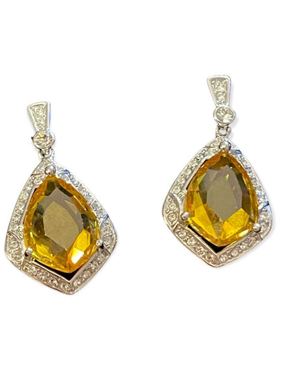 Vintage 1980s Butler Citrine crystal silver teardrop dangle pierced earrings FAC