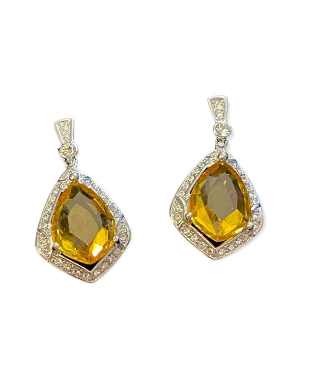 Vintage 1980s Butler Citrine crystal silver teardrop dangle pierced earrings FAC