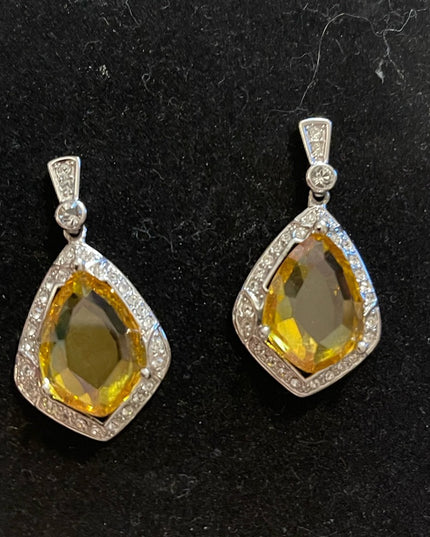 Vintage 1980s Butler Citrine crystal silver teardrop dangle pierced earrings FAC