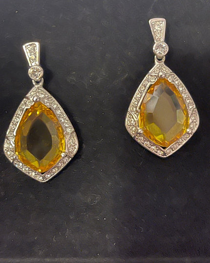 Vintage 1980s Butler Citrine crystal silver teardrop dangle pierced earrings FAC