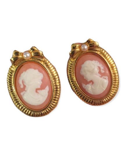 Vintage gold finish cameo faux pearl earrings