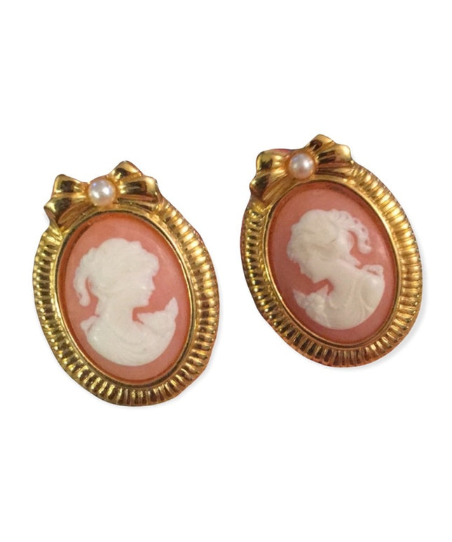 Vintage gold finish cameo faux pearl earrings