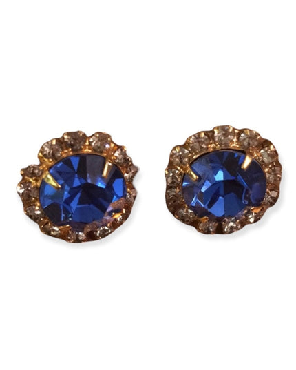 Vintage gold tone blue crystal pierced earrings